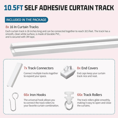 Components of No Drill Adhesive Curtain Track With 10.5ft Ceiling And Wall Mount, including connectors, end covers, hooks, rollers.