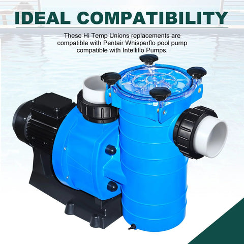 Briwooody 4-Piece MIP 2-in Hi-Temp Union kit for Pentair pool pumps; blue pump with PVC fittings and clear lid