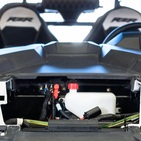 Vehicle compartment showing 4 Channel 100 Amp Solid State Relay Block for Marine, Powersports and Car Accessories, wiring connections visible.