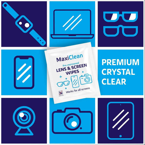 Pre-Moistened Lens Wipes For Eyeglasses And Screens Individually Wrapped shown with device icons