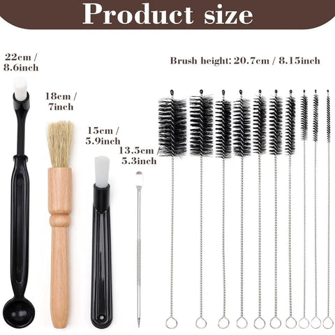 14 Piece Coffee Grinder And Espresso Machine Cleaning Brush Set With Stainless Steel Straw Brushes displayed with sizes