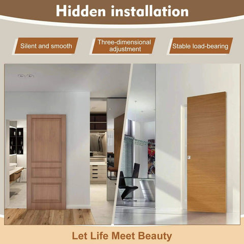 38 Inch Concealed Sliding Barn Door Hardware Kit with Soft Close installed on wooden door, wall mount, hidden track.