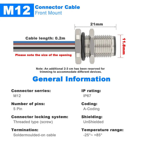Image showing M12 Connector Cable's general specifications including 0.2m cable length, IP67 rating, A-coding, 5-pin unshielded design.