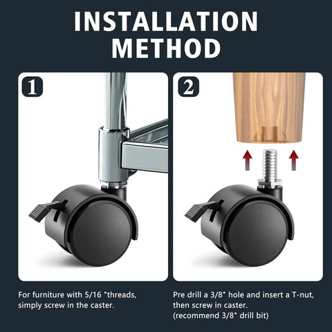 Installation steps for 1.5 Inch Nylon Swivel Caster Wheels Set Of 4 With 5/16 Inch Threaded Stem, Locking Furniture Casters.