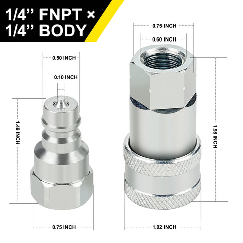 ANCIMOON hydraulic quick connect coupler, 1/4'' FNPT x 1/4'' body, chrome silver with dust caps