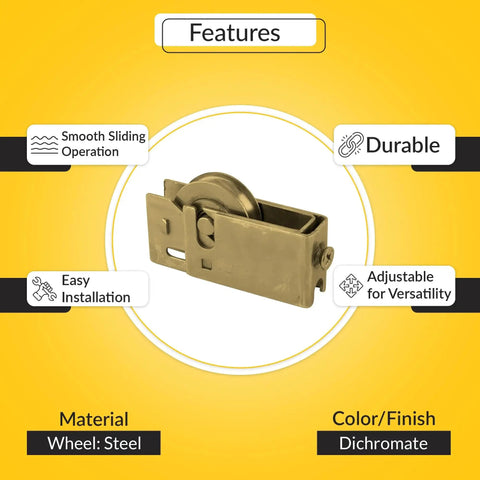 Sliding Patio Door Roller Assembly With 1-1/8 Inch Steel Wheel, Dichromate Finish, for replacement door hardware and roller applications