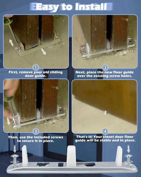 Installation steps for Sliding Closet Door Floor Guide Kit 8 Pack With Stamped Steel Base And Adjustable White Nylon Tips
