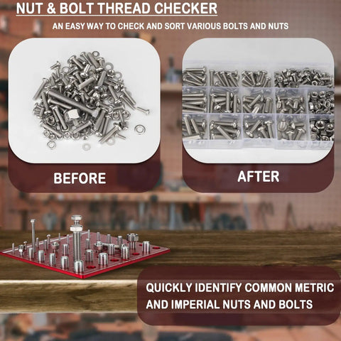 28 Thread Checker Tool For Nuts And Bolts Screw Identifier With 14 Metric And 14 Standard Sizes Rugged Square Design For Mechanics And DIY Projects Red shown sorting bolts and nuts into organized containers.