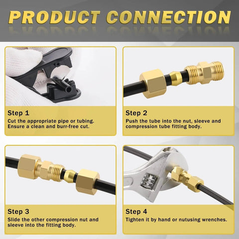 Product connection steps for Brass Compression Tube Fittings Kit 46 Piece Set for DIY Plumbing Projects by Taiidaues