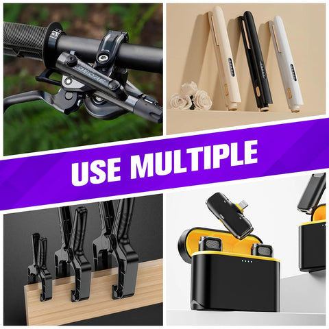 Bike handlebar close-up of brake lever and shifter assembly

Beige, black and white hair straighteners with digital temperature displays

Wooden rail with multiple black spring clamps for DIY projects

Wireless earbuds charging case with yellow interior and accessories