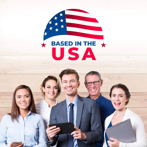 Group of professionals smiling with 'Based in the USA' logo and American flag in background.