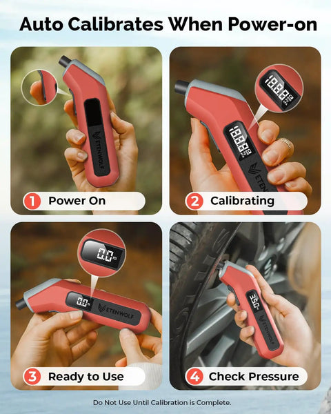 Digital Tire Pressure Gauge T300 3-200 PSI Calibrated to ANSI B40.7 Grade 2A With Replaceable AAA Batteries In Vivid Orange showing use steps.