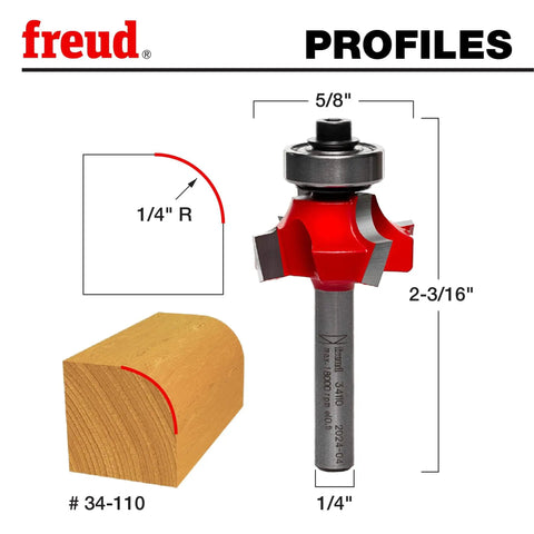 Image of Quadra-Cut Radius Rounding Bit With Perma-Shield Coating For A Flawless Finish, dimensions and wood cutting profile displayed.