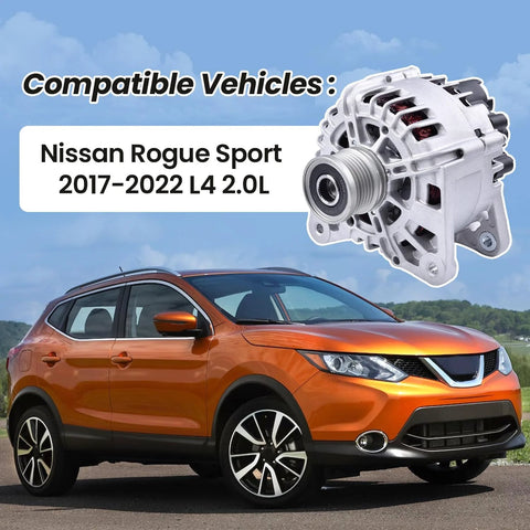 120 Amp Alternator For Nissan Rogue Sport 2L 2017 To 2022 Plug And Play Direct Fit Replacement Part TG12C167 288601 21072N 21072 High Output Auto Electrical Component displayed with compatible vehicle, a parked Nissan Rogue Sport.