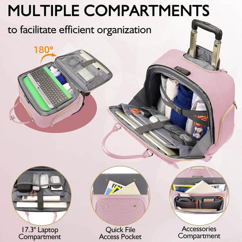 Open pink rolling laptop bag for women with compartments and telescopic handle, showing 180° interior access for quick organization.