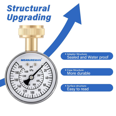 MEASUREMAN water pressure gauge with brass top and 2.5-inch dial, white face and black markings