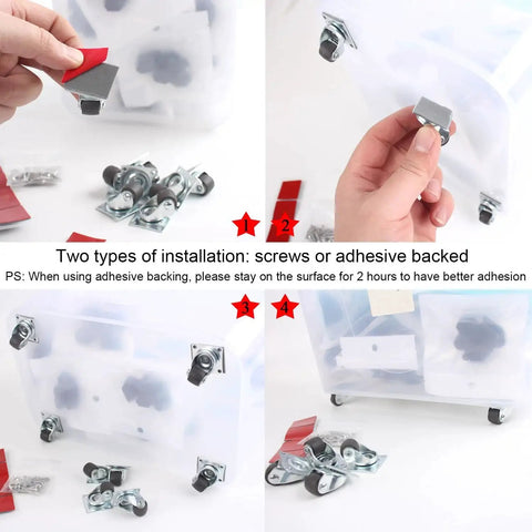 0.5 Inch Mini Swivel Caster Wheels With Self Adhesive Plate installed on storage crate, showing screws and adhesive options.