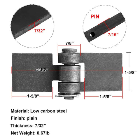 Dimensions of Beefy 4 Pack Heavy Duty Weld-On Steel Butt Hinge 4-1/2 In By 1-5/8 In, showing low carbon steel and 280 degree swing angle.