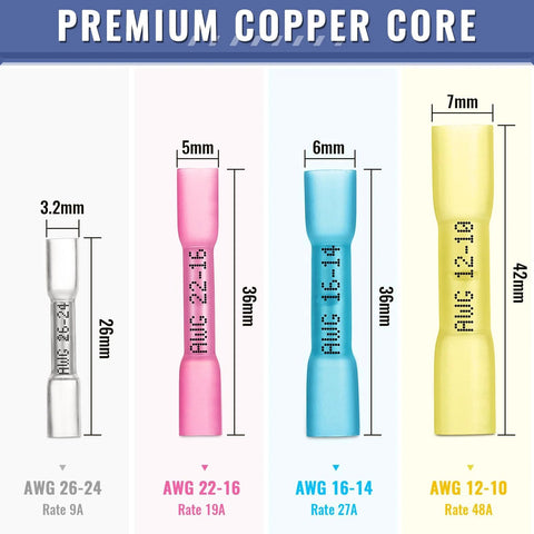 Heat shrink butt wire connectors set with four sizes: 3.2mm silver, 5mm pink, 6mm blue, 7mm yellow (AWG 26-24 to 12-10).