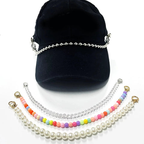 Detachable Pearl Hat Chains For Trucker Hats And Mesh Baseball Caps 4 Pack with Metal Beads and Lobster Claw Clasps on Black Cap