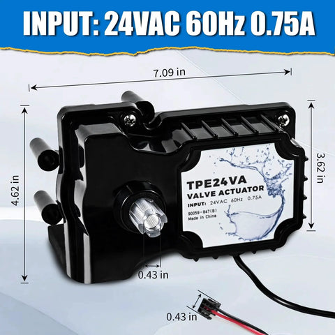 Front view of a 24V Pool Valve Actuator Replacement, dimensions labeled, for all 24VAC systems, auto rotation, pool and spa use.