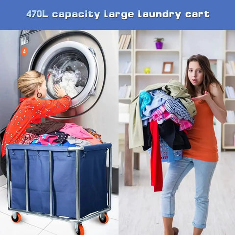 Commercial Laundry Cart Wheeled Large Capacity 400L Heavy Duty Stainless Steel Laundry Sorter next to woman holding clothes