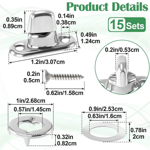 Marine Grade Twist Lock Fasteners Set for Boats Mxxipp 15 Piece Kit with detailed dimensions and components in zinc alloy