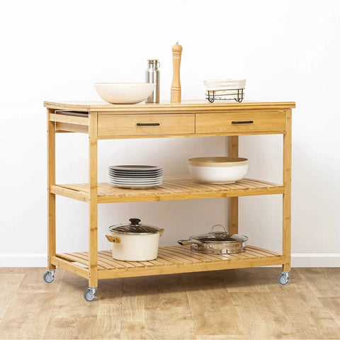Wooden kitchen cart with shelves and drawers on Set Of Four 3 Inch Caster Wheels With Locking Brakes, Rubber Heavy Duty Casters