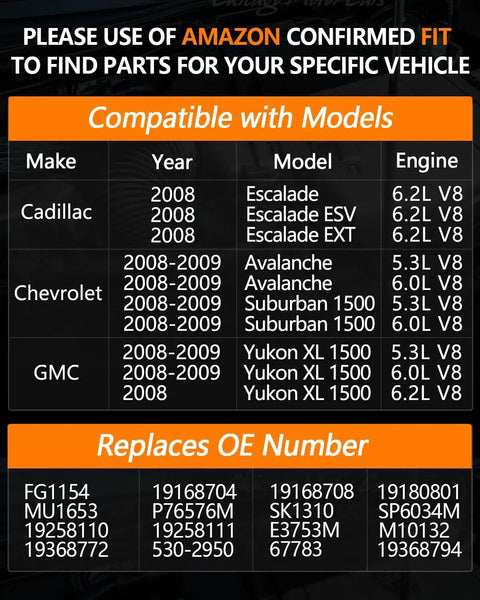 Chart showing compatible models for Electric Fuel Pump Module Assembly Direct Fit For 2008 2009 Chevy Avalanche Suburban 1500 V8 5.3L 6.0L GMC Yukon XL 1500 V8 5.3L 6.0L 2008 Yukon XL 6.2L V8 And Cadillac Escalade ESV EXT 6.2L V8 Replaces OE FG1154 19168704 19168708 19180 with makes Cadillac, Chevrolet, GMC