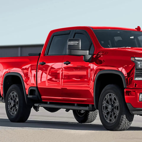 In Channel Rain Guards For Silverado 2500HD 3500HD Crew Cab 2020 Through 2026 Window Deflectors Vent Visors installed on a red truck.