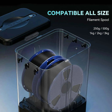 Filament Dryer And Storage Box SP2 holding two 1kg spools, clear case with blue spools, compatible with multiple spool sizes.