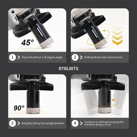 Drilling process for dry diamond core drill bit one and a half inch tile hole saw for angle grinder porcelain ceramic granite marble