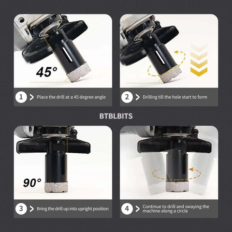 Dry Diamond Core Drill Bit For Tile And Stone One And A Half Inch 38mm With Three Eighths Inch Hex Shank Adapter in operation sequence