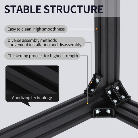 16 Piece Black 2020 Series Aluminum Extrusion Connector Kit with 16 2028 Corner Brackets, showing stable structure assembly
