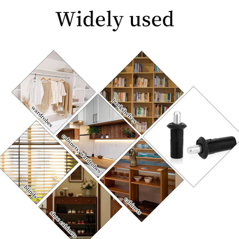 10 Pack Spring Loaded Cabinet Door Repair Pins For Shutters Doors And Windows Durable Plastic And Metal Telescopic Damper Pins Must Have Furniture Fittings Connector Replacement Hardware For Indoor And Outdoor Use shown with usage examples on wardrobes, bookshelves, blinds, cabinets, and shoe cabinets.