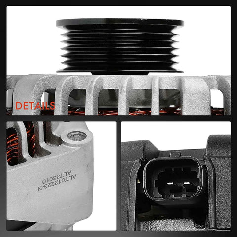 Close-up of Rugged 12 Volt 160 Amp Alternator For Chevy Silverado 1500 Tahoe Suburban GMC Sierra Yukon Cadillac Escalade Hummer H2 With 6 Groove Pulley CW Replace 15093928 15857608 ADR0369 showing 6-groove pulley and connector.