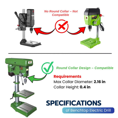 Image showing drill compatibility for Square Hole Drill Bit Adapter For Drill Press Or Hand Drill, Pro Grade Heavy Duty Dual Use Mortising Attachment.