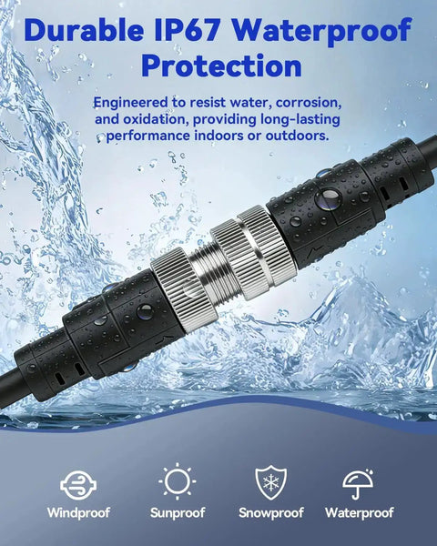 M12 4Pin ACoded Waterproof Sensor Extension Cable with IP67 protection surrounded by water splash, designed for industrial systems.