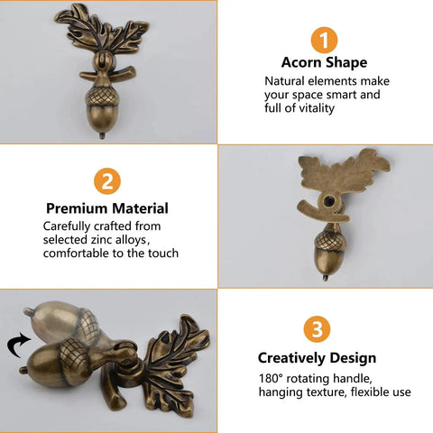 Acorn Drawer Knobs With Leaf Pedestal Eight Piece Set In Antique Zinc Alloy And Copper Finish shown in detailed views and features