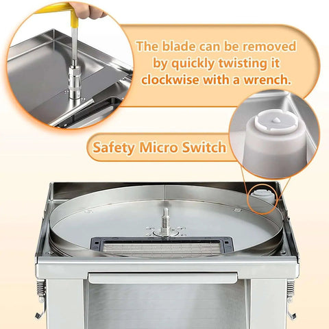 Close-up of the 4 In 1 Commercial Vegetable Processor With 200W Electric Slicer Dicer Shredder And Crinkle Cutter All Stainless Steel 110 Volt showing blade mechanism and safety micro switch.