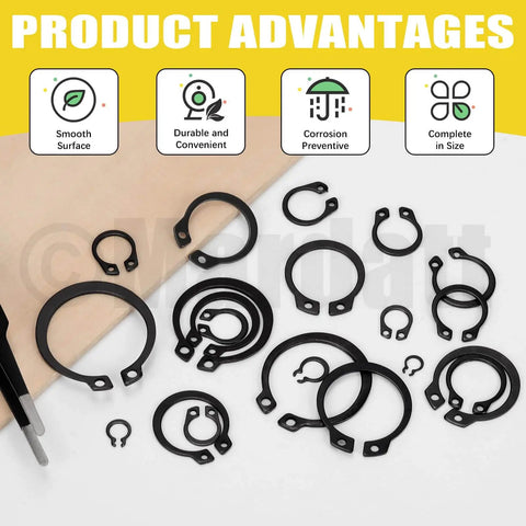 266 Piece External Retaining Rings Kit With 21 Sizes M4 To M28 Circlip Snap Rings Retainer Rings And Tweezers displayed on surface