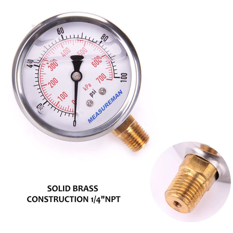 MEASUREMAN pressure gauge, 2.5 in dial, glycerin-filled, 1/4 NPT, brass construction with stainless steel case