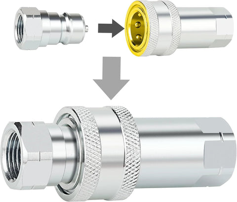ANCIMOON 3/8-inch silver hydraulic quick-connect coupler with knurled sleeve and dust cap