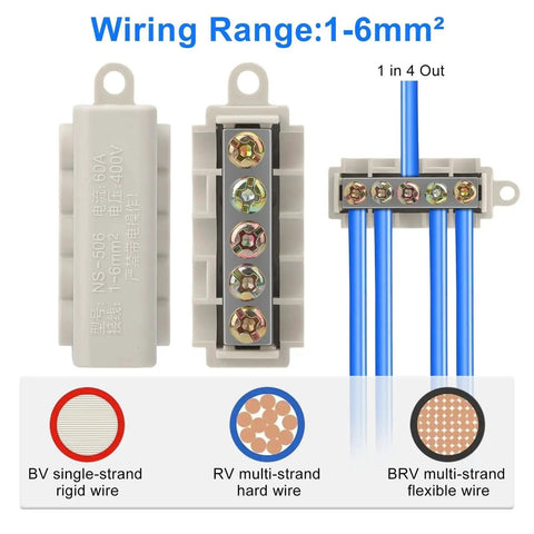 Six Piece 10 AWG Wire Connector Kit, 60 Amp 16 to 10 Gauge Brass Terminal Butt Connectors in open and installed views.