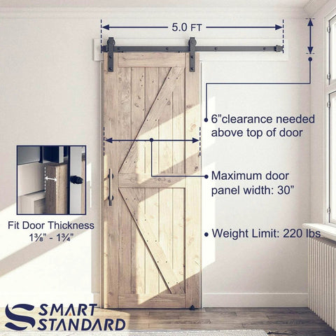 Heavy Duty 5ft Sliding Barn Door Hardware Kit With Track Kit, Pull Handle Set, And Floor Guide, installed on wooden door
