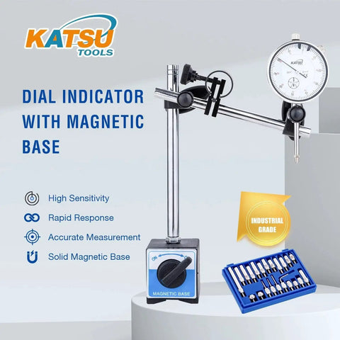 Dial Indicator With Magnetic Base And 22 Piece Indicator Points Set For Pro Grade Precision Measuring 0 To 1.0 In Range And 0.001 In Accuracy Fine Adjustment Magnetic Base With Strong Hold Long Arm Storage Case Included Model 401111 shown with storage case and indicator points