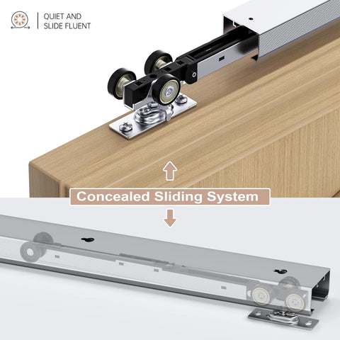 Six Foot Soft Close Pocket Door Hardware Kit With Aluminum Box Rail, Concealed Track, shown on wooden door