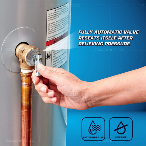 Midline GUHW-QSW256 pressure relief valve, forged brass, 3/4 in FIP x MIP, hand-operated on copper pipe