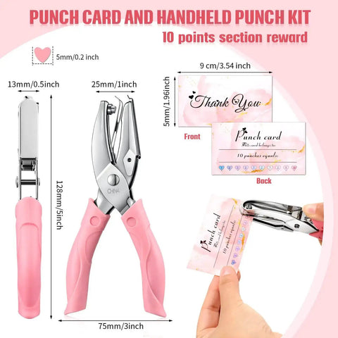 Heart Shaped Handheld Punch Card Kit With 100 Reward Cards featuring pink handles, metal puncher, and reward card samples
