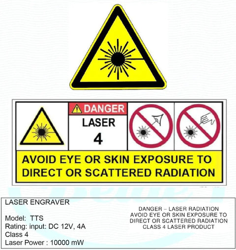 Safety warning labels for Powerful 10000mW Laser Engraver For Wood Metal Acrylic Glass with eye and skin exposure caution.